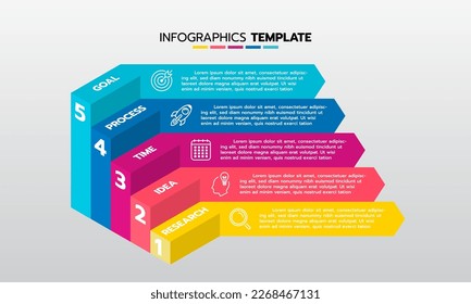 Proceso de plantilla de infografía de negocio con cuadrado de geometría simple, rectángulo, círculo, triángulo, curvas en plantilla de diseño plano con iconos de línea delgada y 5 opciones o pasos. Ilustración vectorial.