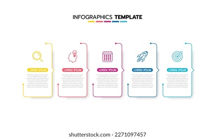 Business infographic template process with simple geometry square, rectangle, circle, triangle, curves in flat design template with thin line icons and 5 options or steps. Vector illustration.