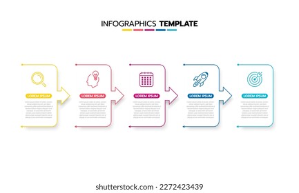 Business infographic template process with simple geometry square, rectangle, circle, triangle, curves in flat design template with thin line icons and 5 options or steps. Vector illustration.