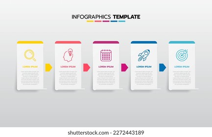 Proceso de plantilla de infografía de negocio con cuadrado de geometría simple, rectángulo, círculo, triángulo, curvas en plantilla de diseño plano con iconos de línea delgada y 5 opciones o pasos. Ilustración vectorial.