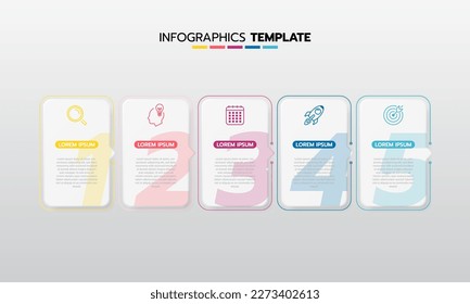 Business infographic template process with simple geometry square, rectangle, circle, triangle, curves in flat design template with thin line icons and 5 options or steps. Vector illustration.