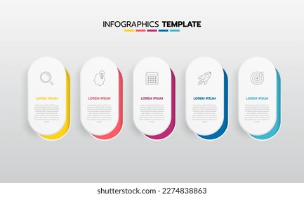 Business infographic template process with simple geometry square, rectangle, circle, triangle, curves in flat design template with thin line icons and 5 options or steps. Vector illustration.