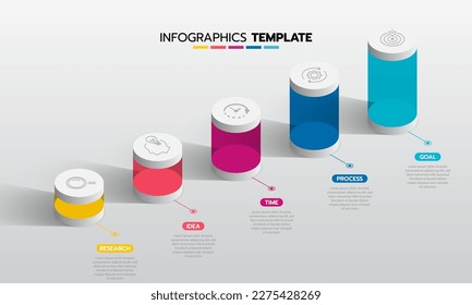 Business infographic template process with simple geometry square, rectangle, circle, triangle, curves in flat design template with thin line icons and 5 options or steps. Vector illustration.