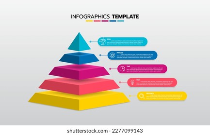 Proceso de plantilla de infografía de negocio con cuadrado de geometría simple, rectángulo, círculo, triángulo, curvas en plantilla de diseño plano con iconos de línea delgada y 5 opciones o pasos. Ilustración vectorial.