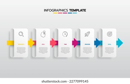 Business infographic template process with simple geometry square, rectangle, circle, triangle, curves in flat design template with thin line icons and 5 options or steps. Vector illustration.
