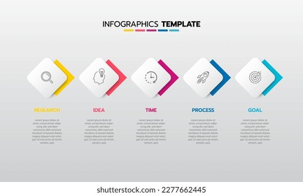 Business infographic template process with simple geometry square, rectangle, circle, triangle, curves in flat design template with thin line icons and 5 options or steps. Vector illustration.