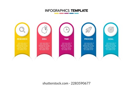 Business infographic template process with simple geometry square, rectangle, circle, triangle, curves in flat design template with thin line icons and 5 options or steps. Vector illustration.