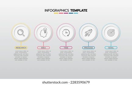 Business infographic template process with simple geometry square, rectangle, circle, triangle, curves in flat design template with thin line icons and 5 options or steps. Vector illustration.