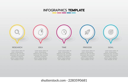 Business infographic template process with simple geometry square, rectangle, circle, triangle, curves in flat design template with thin line icons and 5 options or steps. Vector illustration.