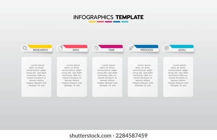 Business infographic template process with simple geometry square, rectangle, circle, triangle, curves in flat design template with thin line icons and 5 options or steps. Vector illustration.