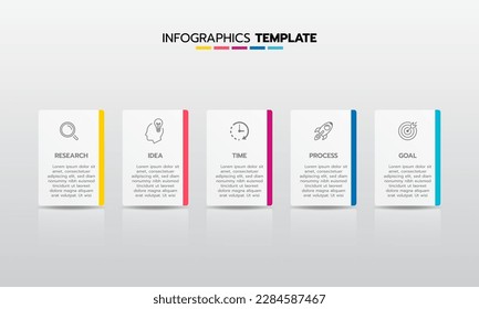 Business-Infografik-Template-Prozess mit einfachem Geometriequadrat, Rechteck, Kreis, Dreieck, Kurven in flacher Design-Vorlage mit dünnen Linien Symbole und 5 Optionen oder Stufen. Vektorgrafik.