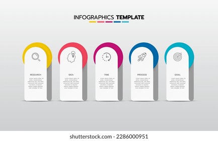 Business infographic template process with simple geometry square, rectangle, circle, triangle, curves in flat design template with thin line icons and 5 options or steps. Vector illustration.