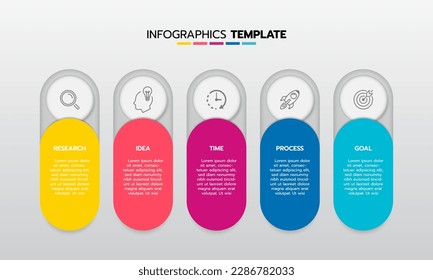 Proceso de plantilla de infografía de negocio con cuadrado de geometría simple, rectángulo, círculo, triángulo, curvas en plantilla de diseño plano con iconos de línea delgada y 5 opciones o pasos. Ilustración vectorial.