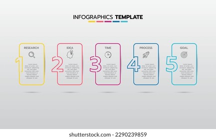 Business infographic template process with simple geometry square, rectangle, circle, triangle, curves in flat design template with thin line icons and 5 options or steps. Vector illustration.