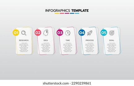 Business-Infografik-Template-Prozess mit einfachem Geometriequadrat, Rechteck, Kreis, Dreieck, Kurven in flacher Design-Vorlage mit dünnen Linien Symbole und 5 Optionen oder Stufen. Vektorgrafik.