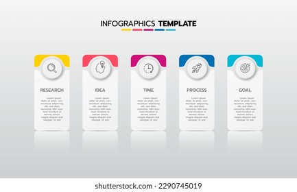 Business infographic template process with simple geometry square, rectangle, circle, triangle, curves in flat design template with thin line icons and 5 options or steps. Vector illustration.