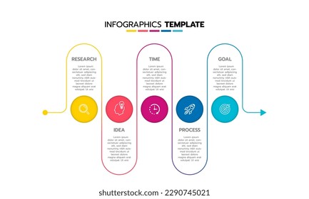 Proceso de plantilla de infografía de negocio con cuadrado de geometría simple, rectángulo, círculo, triángulo, curvas en plantilla de diseño plano con iconos de línea delgada y 5 opciones o pasos. Ilustración vectorial.