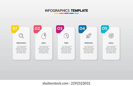 Proceso de plantilla de infografía de negocio con cuadrado de geometría simple, rectángulo, círculo, triángulo, curvas en plantilla de diseño plano con iconos de línea delgada y 5 opciones o pasos. Ilustración vectorial.