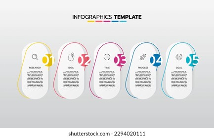 Business infographic template process with simple geometry square, rectangle, circle, triangle, curves in flat design template with thin line icons and 5 options or steps. Vector illustration.