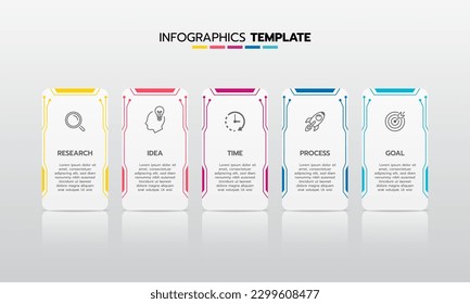 Business infographic template process with simple geometry square, rectangle, circle, triangle, curves in flat design template with thin line icons and 5 options or steps. Vector illustration.