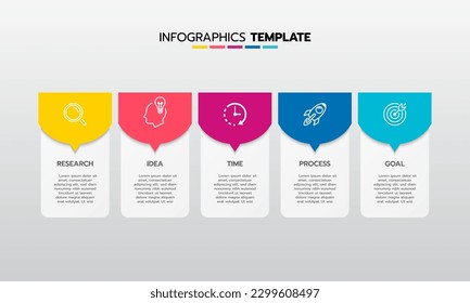 Business infographic template process with simple geometry square, rectangle, circle, triangle, curves in flat design template with thin line icons and 5 options or steps. Vector illustration.