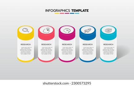 Proceso de plantilla de infografía de negocio con cuadrado de geometría simple, rectángulo, círculo, triángulo, curvas en plantilla de diseño plano con iconos de línea delgada y 5 opciones o pasos. Ilustración vectorial.