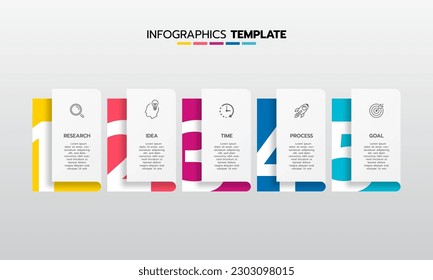 Business infographic template process with simple geometry square, rectangle, circle, triangle, curves in flat design template with thin line icons and 5 options or steps. Vector illustration.