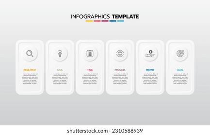 Proceso de plantilla de infografía de negocio con cuadrado de geometría simple, rectángulo, círculo, triángulo, curvas en plantilla de diseño plano con iconos de línea delgada y 6 opciones o pasos. Ilustración vectorial.
