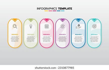 Business infographic template process with simple geometry square, rectangle, circle, triangle, curves in flat design template with thin line icons and 6 options or steps. Vector illustration.