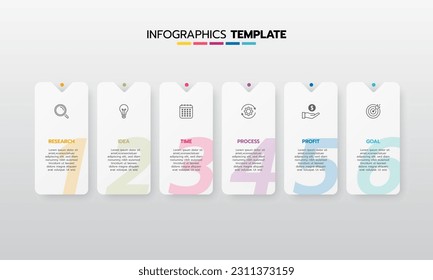 Proceso de plantilla de infografía de negocio con cuadrado de geometría simple, rectángulo, círculo, triángulo, curvas en plantilla de diseño plano con iconos de línea delgada y 6 opciones o pasos. Ilustración vectorial.