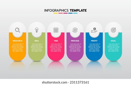 Business infographic template process with simple geometry square, rectangle, circle, triangle, curves in flat design template with thin line icons and 6 options or steps. Vector illustration.
