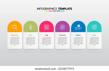 Business infographic template process with simple geometry square, rectangle, circle, triangle, curves in flat design template with thin line icons and 6 options or steps. Vector illustration.