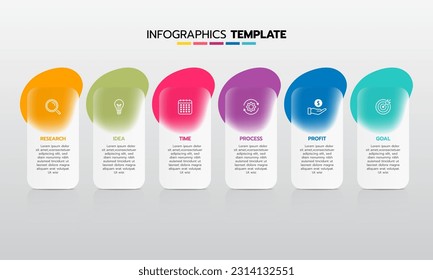 Business infographic template process with simple geometry square, rectangle, circle, triangle, curves in flat design template with thin line icons and 6 options or steps. Vector illustration.
