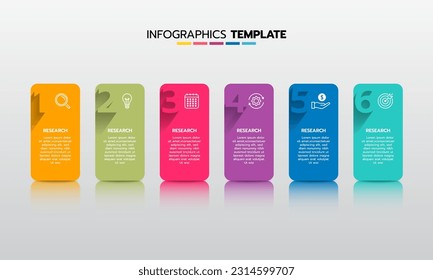 Proceso de plantilla de infografía de negocio con cuadrado de geometría simple, rectángulo, círculo, triángulo, curvas en plantilla de diseño plano con iconos de línea delgada y 6 opciones o pasos. Ilustración vectorial.