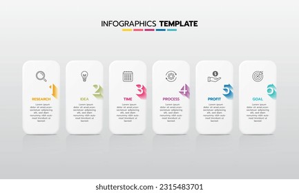 Business infographic template process with simple geometry square, rectangle, circle, triangle, curves in flat design template with thin line icons and 6 options or steps. Vector illustration.
