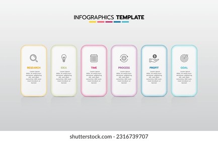Business infographic template process with simple geometry square, rectangle, circle, triangle, curves in flat design template with thin line icons and 6 options or steps. Vector illustration.