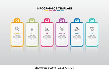 Business infographic template process with simple geometry square, rectangle, circle, triangle, curves in flat design template with thin line icons and 6 options or steps. Vector illustration.