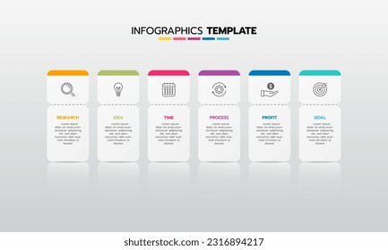 Business infographic template process with simple geometry square, rectangle, circle, triangle, curves in flat design template with thin line icons and 6 options or steps. Vector illustration.