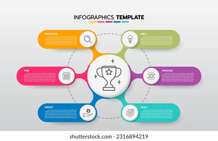 Business infographic template process with simple geometry square, rectangle, circle, triangle, curves in flat design template with thin line icons and 6 options or steps. Vector illustration.