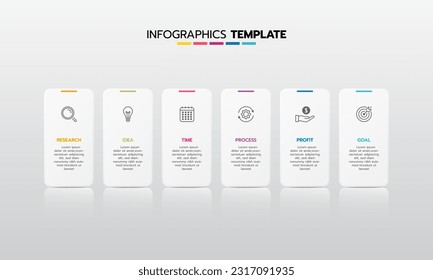 Business infographic template process with simple geometry square, rectangle, circle, triangle, curves in flat design template with thin line icons and 6 options or steps. Vector illustration.
