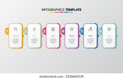 Business infographic template process with simple geometry square, rectangle, circle, triangle, curves in flat design template with thin line icons and 6 options or steps. Vector illustration.
