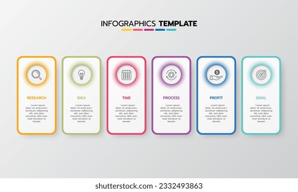 Business infographic template process with simple geometry square, rectangle, circle, triangle, curves in flat design template with thin line icons and 6 options or steps. Vector illustration.