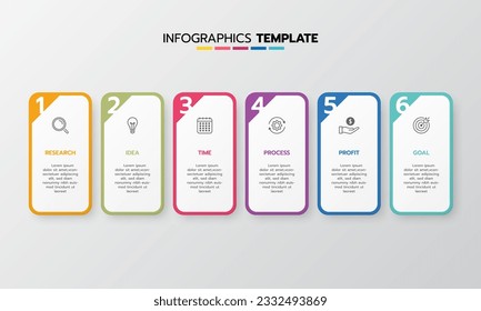 Business infographic template process with simple geometry square, rectangle, circle, triangle, curves in flat design template with thin line icons and 6 options or steps. Vector illustration.