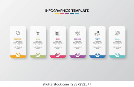 Business infographic template process with simple geometry square, rectangle, circle, triangle, curves in flat design template with thin line icons and 6 options or steps. Vector illustration.