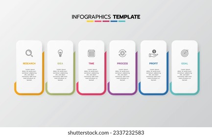 Proceso de plantilla de infografía de negocio con cuadrado de geometría simple, rectángulo, círculo, triángulo, curvas en plantilla de diseño plano con iconos de línea delgada y 6 opciones o pasos. Ilustración vectorial.