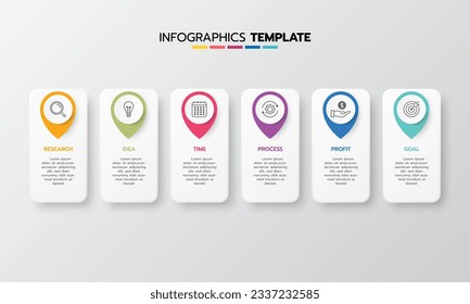 Proceso de plantilla de infografía de negocio con cuadrado de geometría simple, rectángulo, círculo, triángulo, curvas en plantilla de diseño plano con iconos de línea delgada y 6 opciones o pasos. Ilustración vectorial.