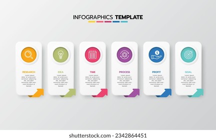 Business infographic template process with simple geometry square, rectangle, circle, triangle, curves in flat design template with thin line icons and 6 options or steps. Vector illustration.