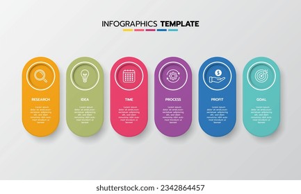 Proceso de plantilla de infografía de negocio con cuadrado de geometría simple, rectángulo, círculo, triángulo, curvas en plantilla de diseño plano con iconos de línea delgada y 6 opciones o pasos. Ilustración vectorial.