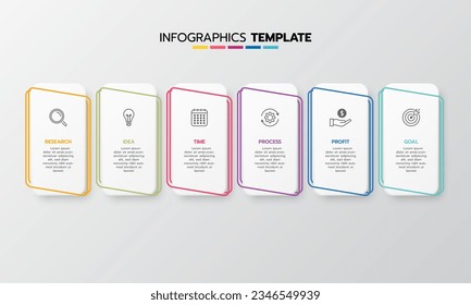 Business infographic template process with simple geometry square, rectangle, circle, triangle, curves in flat design template with thin line icons and 6 options or steps. Vector illustration.