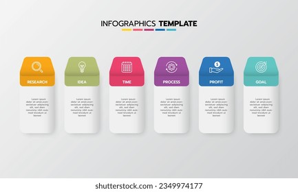 Proceso de plantilla de infografía de negocio con cuadrado de geometría simple, rectángulo, círculo, triángulo, curvas en plantilla de diseño plano con iconos de línea delgada y 6 opciones o pasos. Ilustración vectorial.